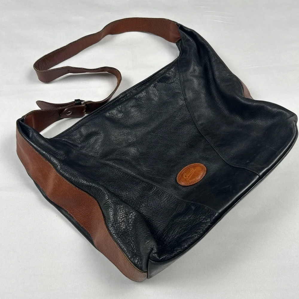 Vintage Giudi Black Brown Purse Pebbled Leather Hobo-Style Handbag Italy 456277
